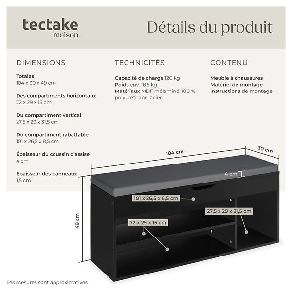 TECTAKE - Banc à chaussures NATALYA avec coussin d'assise 104x30x49cm noir - large
