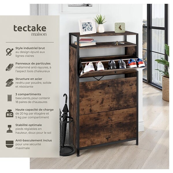 TECTAKE - Étagère à chaussures Bois foncé industriel, rustique - large