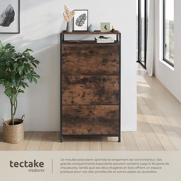 TECTAKE - Étagère à chaussures Bois foncé industriel, rustique - large