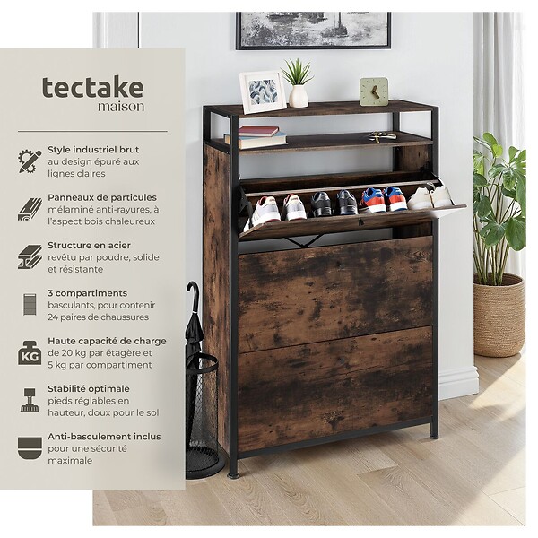 TECTAKE - Étagère à chaussures Bois foncé industriel, rustique - large