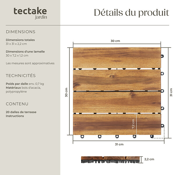 TECTAKE - Dalles de terrasse TABULA 4 lames marron - large