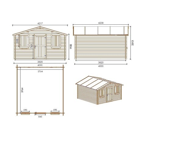 ALTANKA - Abri de jardin en bois - 16m2 - 4x4m - Traité - Ep. 28mm - Couleur: marron - DOM144 - large