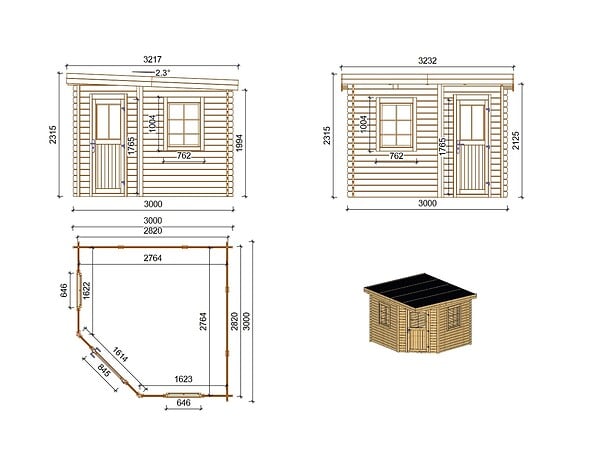ALTANKA - Abri de jardin en bois - 8m2 - 3x3m - Ep. 28mm - Couleur: naturel - DOM665 - large