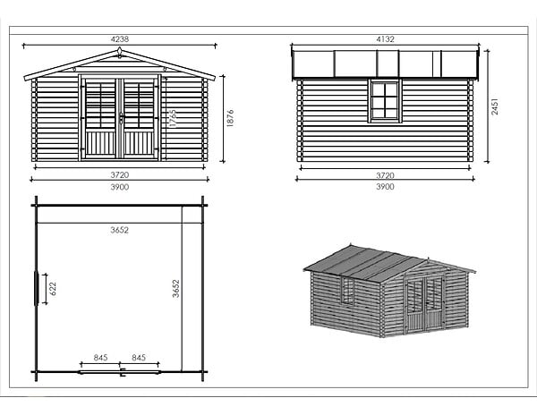 ALTANKA - Abri de jardin en bois - 15.2m2 - 3.9x3.9m - Traité - Ep. 34mm - Couleur: marron - DOM563 - large