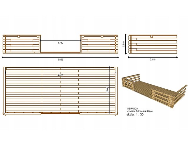 ALTANKA - Terrasse en bois avec balustrade pour abri en bois - 10m2 - 5m x 2m - couleur: naturel - DOM601 - large