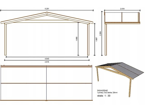 ALTANKA - Avant-toit en bois 5x2m pour le chalet de jardin 5m, couleur naturel - DOM600 - large
