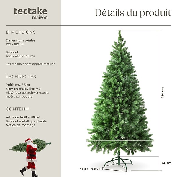 TECTAKE - Sapin de Noël artificiel moulé par injection avec support métallique vert - large