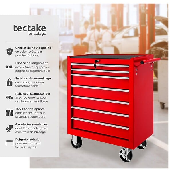 TECTAKE - Servante d'atelier 7 tiroirs rouge - large