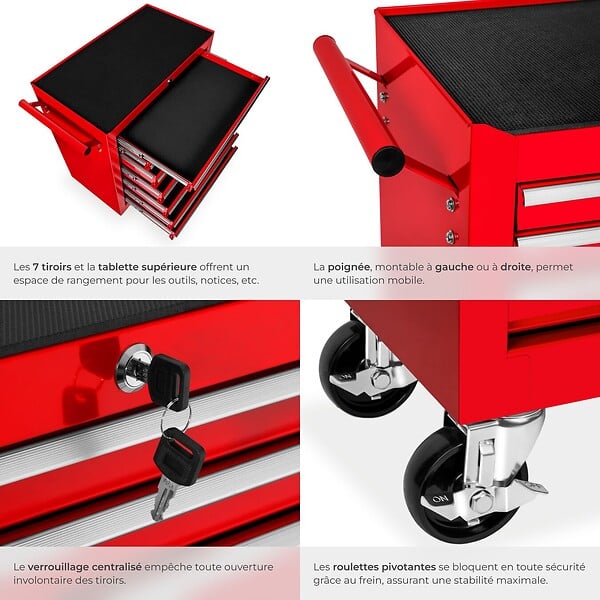 TECTAKE - Servante d'atelier 7 tiroirs rouge - large