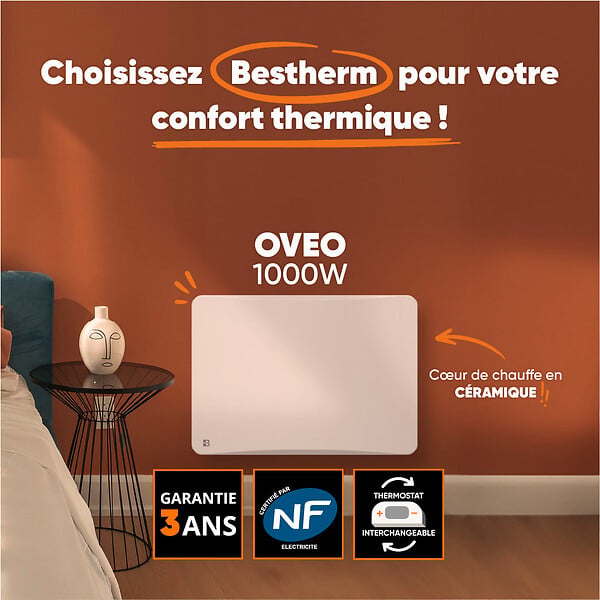BESTHERM - Radiateur électrique fixe à inertie sèche céramique - BESTHERM - OVEO 1000W - Thermostat interchangeable - horizontal blanc - NF - large