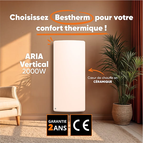 BESTHERM - Radiateur électrique fixe à inertie sèche céramique - BESTHERM - ARIA 2000W  - vertical blanc - large