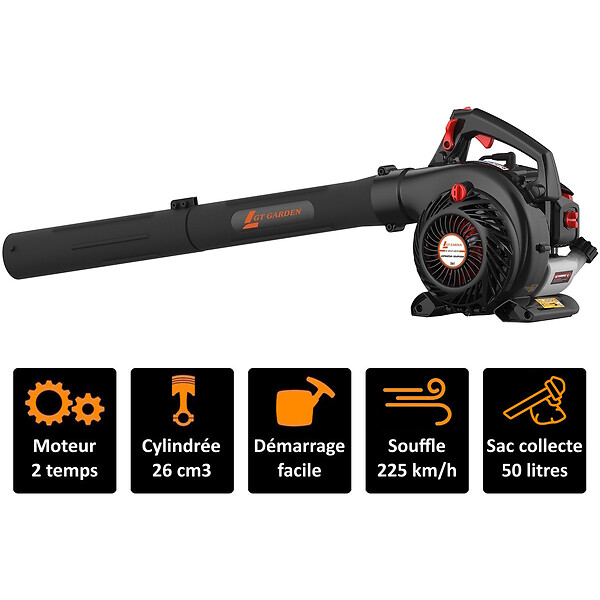 GT GARDEN - Souffleur - aspirateur - broyeur thermique, 26 cm3, 225 km/h - large