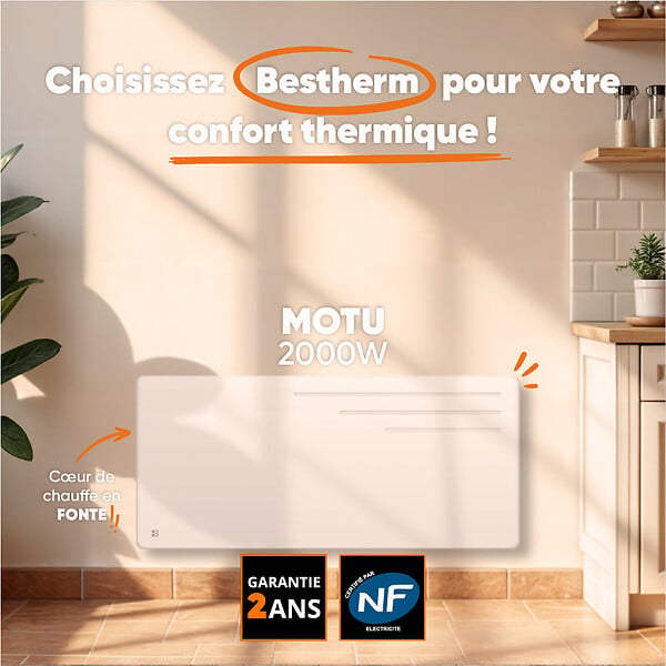 BESTHERM - Radiateur électrique fixe à inertie sèche fonte - BESTHERM - MOTU 2000W - horizontal blanc - NF - large