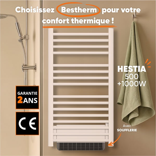 BESTHERM - Sèche-serviette électrique sans fluide avec soufflerie - BESTHERM - HESTIA 500 + 1000W - blanc - large
