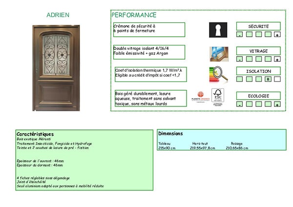 GD MENUISERIES - Porte d'entrée Bois Vitrée Adrien Gris Quartz, H215 x L90 cm Côte Tableau p. Gauche - large
