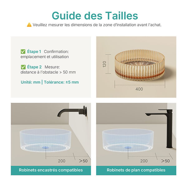 EMKE - EMKE Vasque à Poser en Verre Cristal 400 × 400 ×120 mm, Rond, Lavabo en Verre Or Rose - large