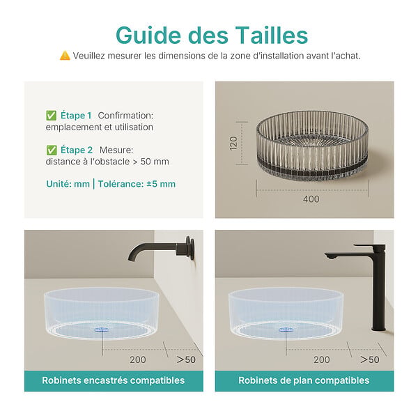 EMKE - EMKE Vasque à Poser en Verre Cristal 400 × 400 ×120 mm, Rond, Lavabo en Verre Transparent Gris - large