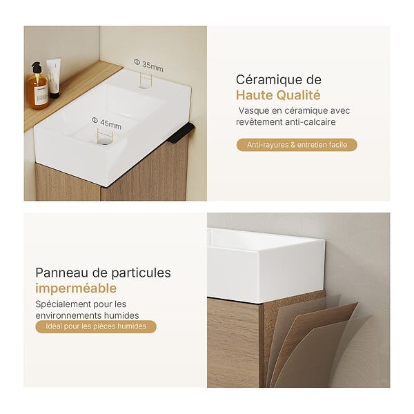 EMKE - EMKE Meuble de Salle de Bain Suspendu avec Vasque en Céramique, Meuble Vasque Chêne Doré Mat 417x240x646 mm pour Salle de Bains & WC - large