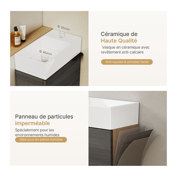 EMKE - EMKE Meuble de Salle de Bain Suspendu avec Vasque en Céramique, Meuble Vasque Gris Grain de Bois 417x240x646 mm pour Salle de Bains & WC - large