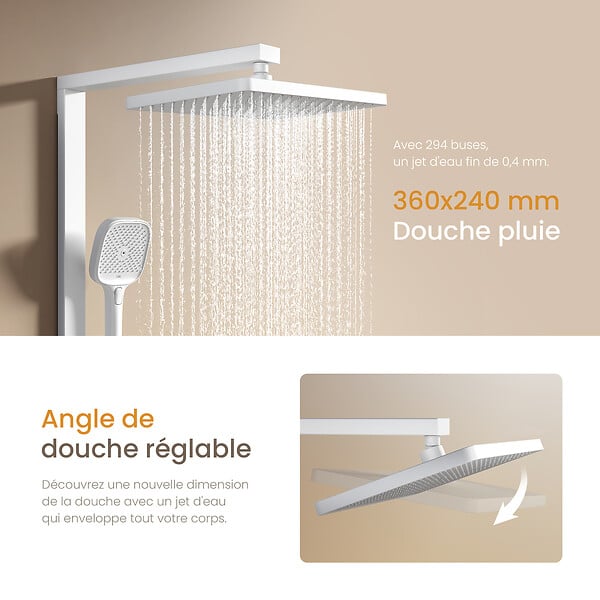 EMKE - EMKE Colonne de douche Blanc avec plaque de 40 cm, douche à effet pluie de 36 cm, douchette à main avec 4  in 1 jets Système de douche - large