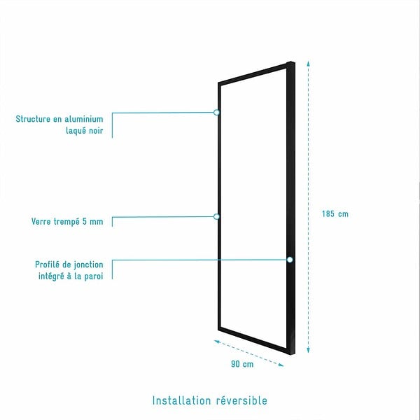 AURLANE - Paroi Retour porte de douche Noir 90x185cm - BLACK SLIDE - large