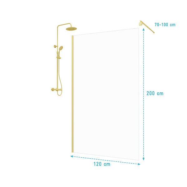 AURLANE - Paroi de Douche 120x200cm - Profilé + Bras extensible + Colonne de douche Thermostatique Or Brossé - large