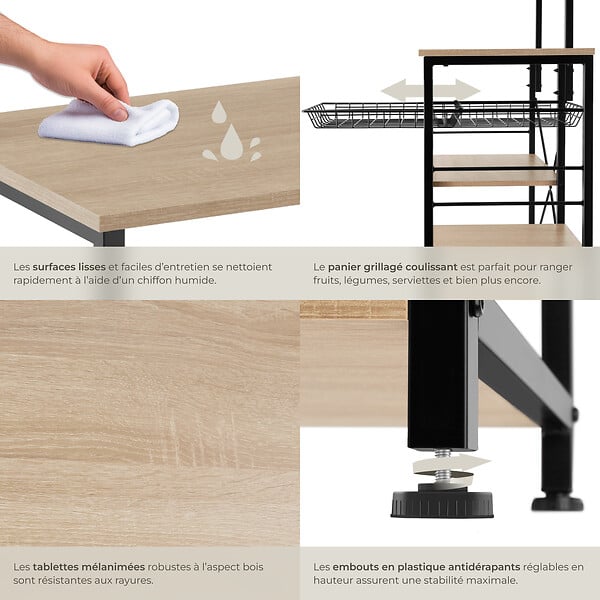 TECTAKE - Etagère de cuisine Crawley réglable en hauteur 90x40x131,5cm  Bois clair industriel, Chêne Sonoma - large
