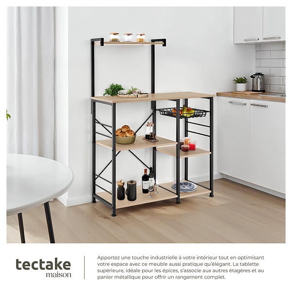 TECTAKE - Etagère de cuisine Crawley réglable en hauteur 90x40x131,5cm  Bois clair industriel, Chêne Sonoma - large