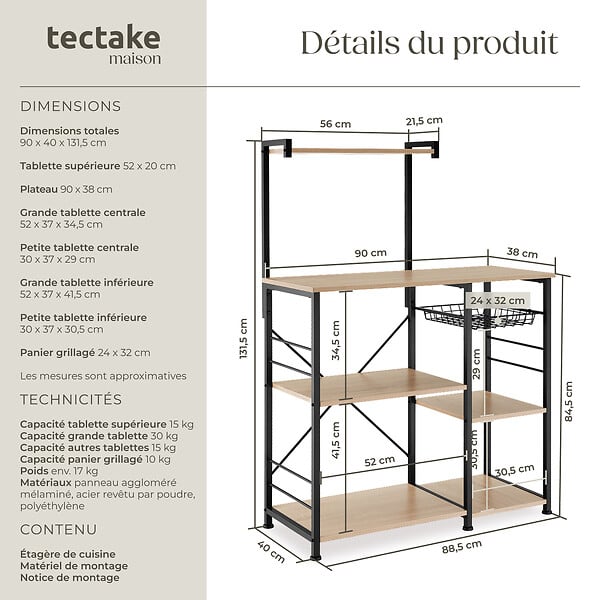 TECTAKE - Etagère de cuisine Crawley réglable en hauteur 90x40x131,5cm  Bois clair industriel, Chêne Sonoma - large