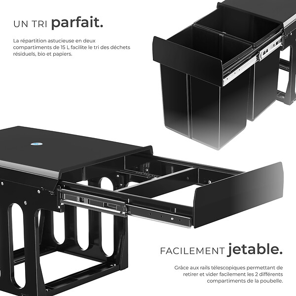 TECTAKE - Poubelle de tri ASHLYN 30 L avec 2 compartiments noir - large