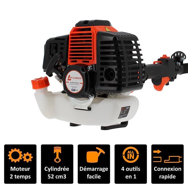 GT GARDEN - Multifonction thermique 4 en 1 : tronçonneuse - débroussailleuse - taille-haies et rallonge - large
