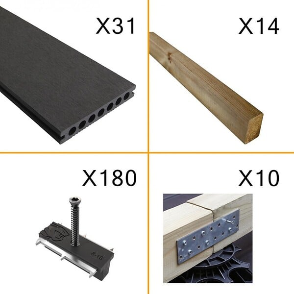 DECKLINEA - Kit Terrasse Composite ATLANTA 10m² Anthracite- 31 Lames de Terrasse (220 x 14.5 x 2.25 cm) - Garantie 15 ans - Fixation par Clips - large