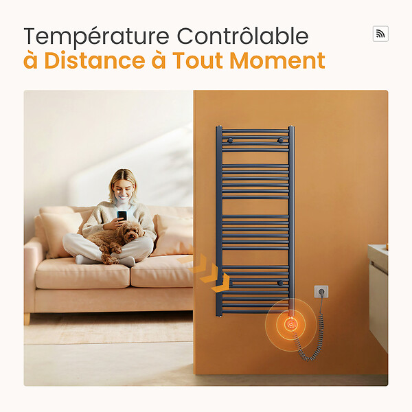 EMKE - EMKE Sèche-Serviettes électrique avec WiFi Thermostat, 1400x 600 mm, Radiateur seche Serviette Electrique Salle de Bain, Anthracite, 600W - large