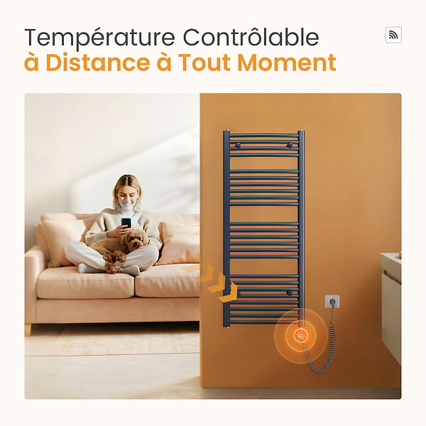 EMKE - EMKE Sèche-Serviettes électrique avec WiFi Thermostat, 750x 600 mm, Radiateur seche Serviette Electrique Salle de Bain, Anthracite, 300W - large
