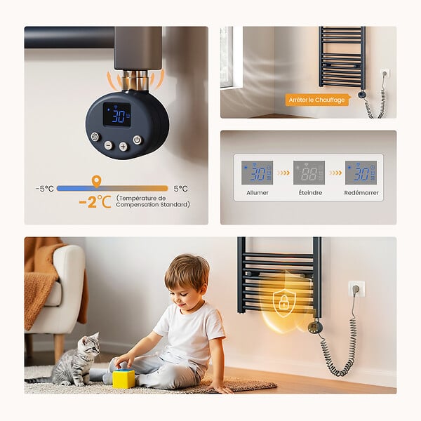 EMKE - EMKE Sèche-Serviettes électrique avec WiFi Thermostat, 750x 500 mm, Radiateur seche Serviette Electrique Salle de Bain, Anthracite, 300W - large