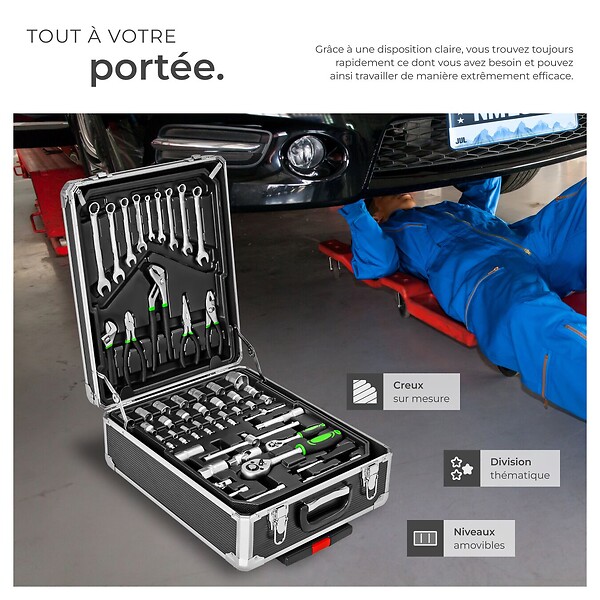 TECTAKE - Coffre à outils à roulettes en aluminium, 1 200 pièces noir - large