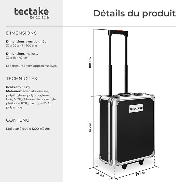 TECTAKE - Coffre à outils à roulettes en aluminium, 1 200 pièces noir - large