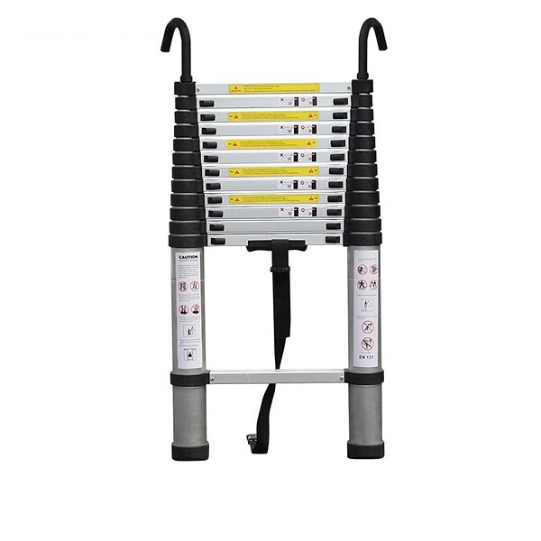 SECURY-T - Echelle télescopique aluminium 13 marches H 3,8M avec crochets démontables et barre stabilisatrice - large