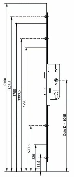 FERCO - Crémone EUROPA 35/70mm têtière 16mm longueur 2150mm côte D 1045mm - FERCO - 6-33162-07-0-1 - large