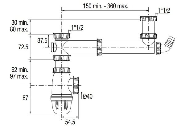 VALENTIN - Tubulure  pour évier 2 cuves entraxe 160 à  360mm avec prise MAL et siphon - VALENTIN - 00 778100 001 00 - large