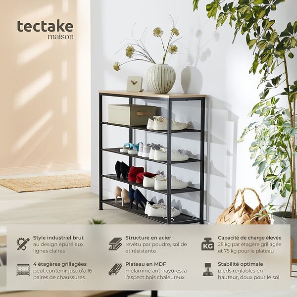 TECTAKE - Étagère à chaussures SHEFFIELD 100x30,5x93cm Bois clair industriel, Chêne Sonoma - large