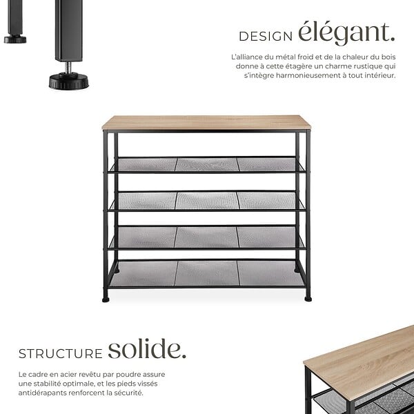 TECTAKE - Étagère à chaussures SHEFFIELD 100x30,5x93cm Bois clair industriel, Chêne Sonoma - large