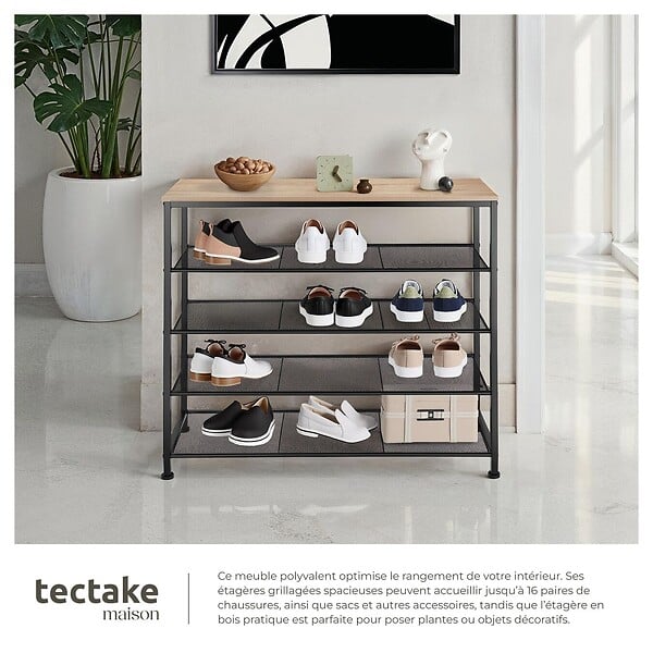 TECTAKE - Étagère à chaussures SHEFFIELD 100x30,5x93cm Bois clair industriel, Chêne Sonoma - large