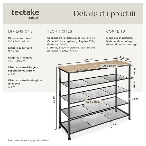 TECTAKE - Étagère à chaussures SHEFFIELD 100x30,5x93cm Bois clair industriel, Chêne Sonoma - large