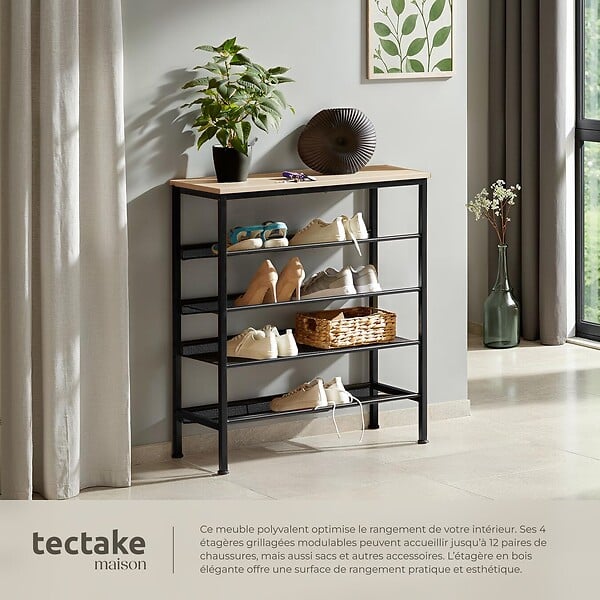 TECTAKE - Étagère à chaussures BOURNEMOUTH 75,5x30,5x85,5cm Bois clair industriel, Chêne Sonoma - large