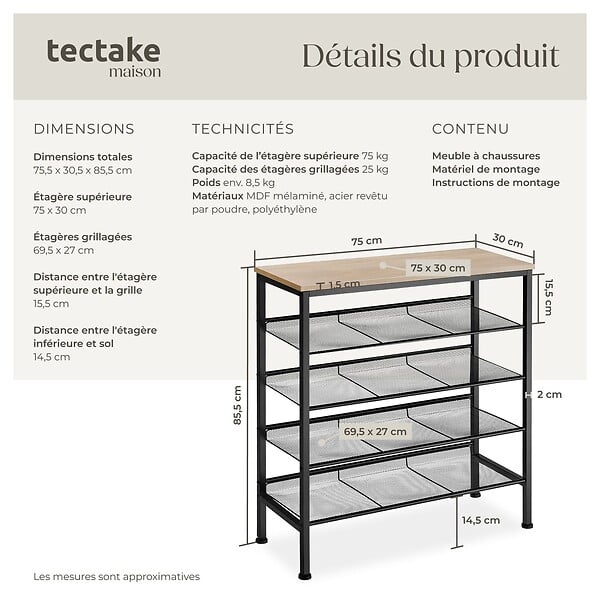 TECTAKE - Étagère à chaussures BOURNEMOUTH 75,5x30,5x85,5cm Bois clair industriel, Chêne Sonoma - large