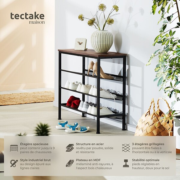 TECTAKE - Étagère à chaussures WOLVERHAMPTON 75,5x30,5x69,5cm Bois foncé industriel, rustique - large