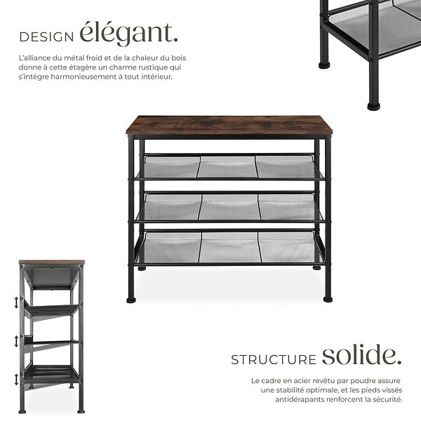 TECTAKE - Étagère à chaussures WOLVERHAMPTON 75,5x30,5x69,5cm Bois foncé industriel, rustique - large