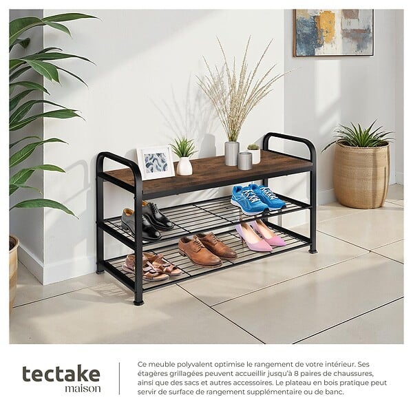 TECTAKE - Étagère à chaussures SOUTHAMPTON 91x36x55cm Bois foncé industriel, rustique - large