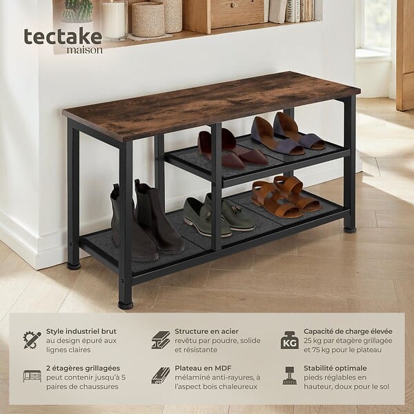 TECTAKE - Étagère à chaussures TAUNTON 80x30x45,5cm Bois foncé industriel, rustique - large